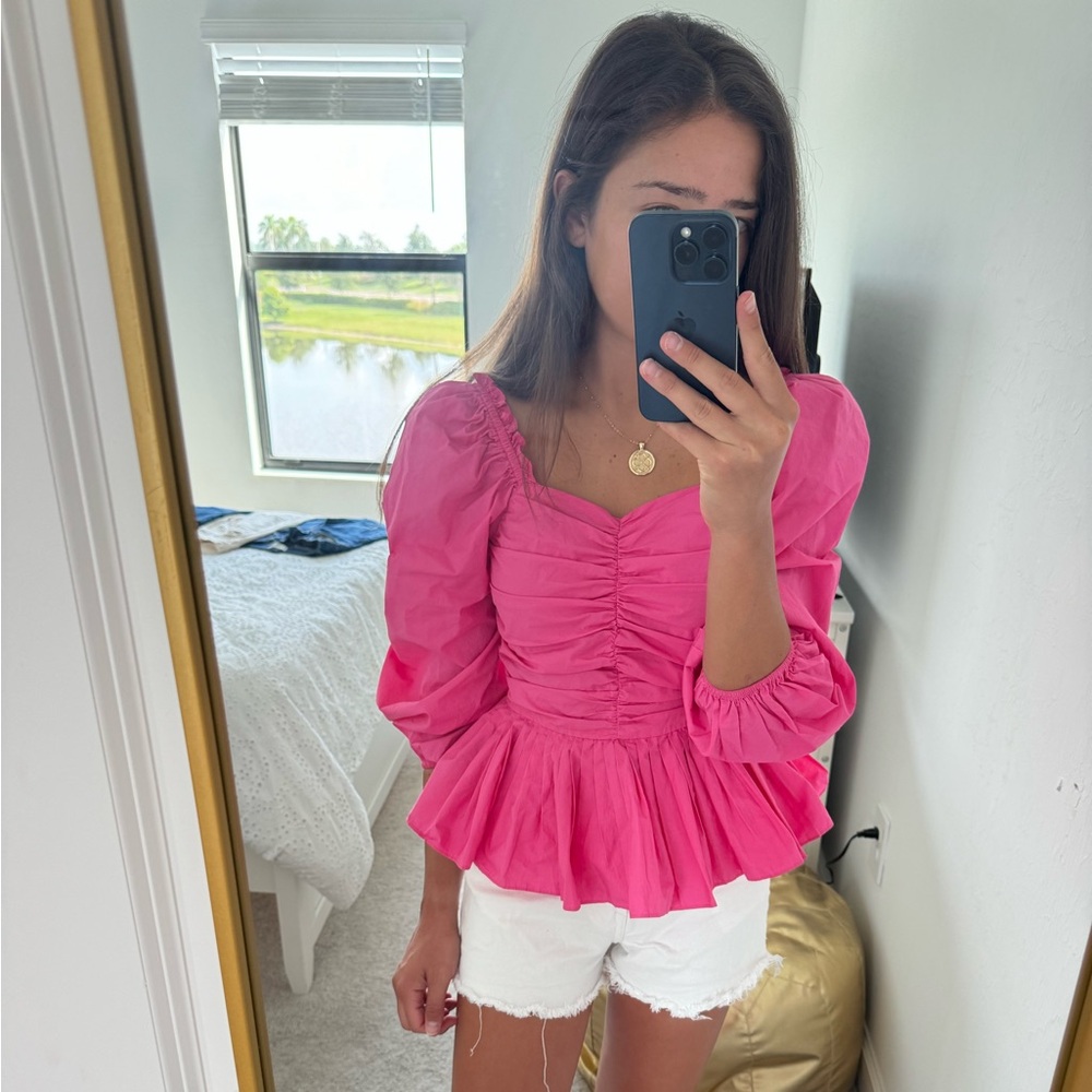 Tuckernuck Pink Puff Sleeve Peplum Top
